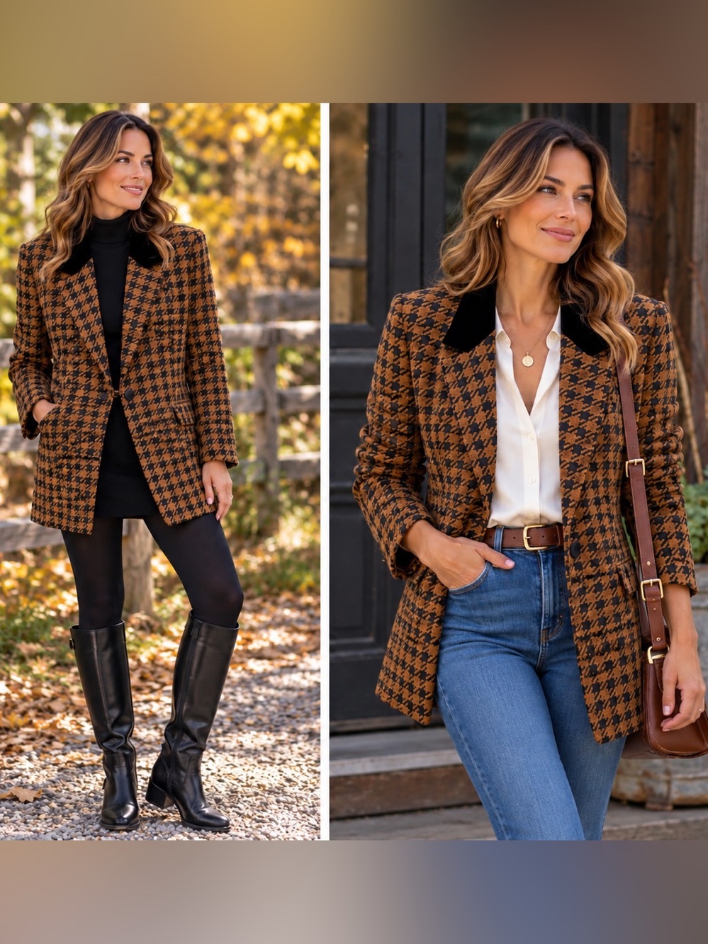Vintage Laurel Houndstooth Wool-Blend Long Blazer